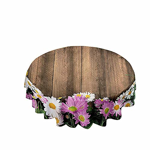 Chickw1 Tischdecke Runde Wasserdicht Abwaschbar Holzmaserung Bedruckte Tischschoner Fleckschutz, Tischtuch aus Polyester für Küche,Esszimmer,Garten oder Camping (Kleine Gänseblümchenblumen,150cm) von Chickwin-Shop