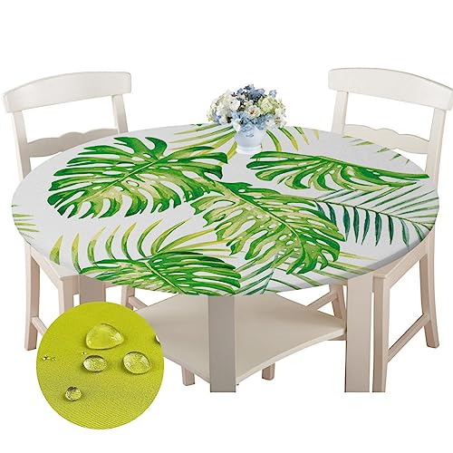 Chickwin Runde Tischdecke Wasserdicht Kreative 3D Gedruckte Tischschoner Elastische Kante, Tischtuch aus Polyester für Küche, Esszimmer, Garten oder Camping (Monstera,100cm) von Chickwin-Shop