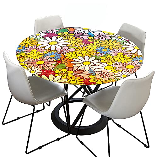 Chickwin Tischdecke Runde Wasserdicht Abwaschbar Gänseblümchen Drucken Tischschoner Elastische Kante, Tischtuch aus Polyester für Küche,Esszimmer,Garten,Balkon (Bunte Gänseblümchen,150cm) von Chickwin-Shop