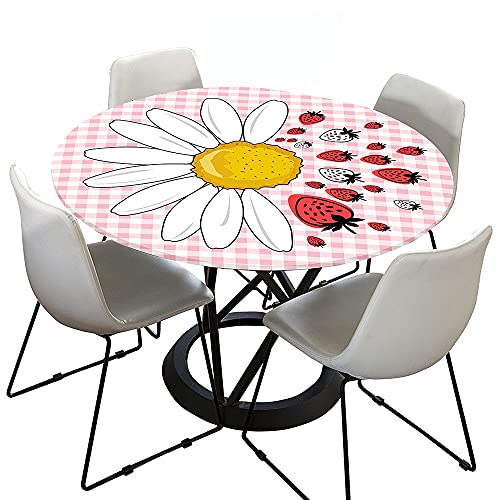 Chickwin Tischdecke Runde Wasserdicht Abwaschbar Gänseblümchen Drucken Tischschoner Elastische Kante, Tischtuch aus Polyester für Küche,Esszimmer,Garten,Balkon (Erdbeergitter,100cm) von Chickwin-Shop