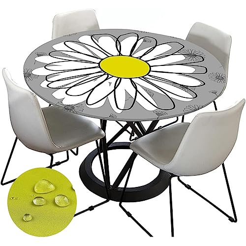 Tischdecke Abwaschbar Rund 100cm, Elastisch Lotuseffekt Tischdecke Outdoor 3D-Druck Weiß Tischdecken Daisy Table Cloth für Garten Restaurant, Ideal für 80cm-90cm von Chickwin-Shop