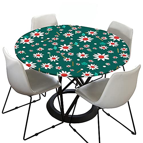 Chickwin Tischdecke Runde Wasserdicht Abwaschbar Gänseblümchen Drucken Tischschoner Elastische Kante, Tischtuch aus Polyester für Küche,Esszimmer,Garten,Balkon (Grünes Blatt,150cm) von Chickwin-Shop