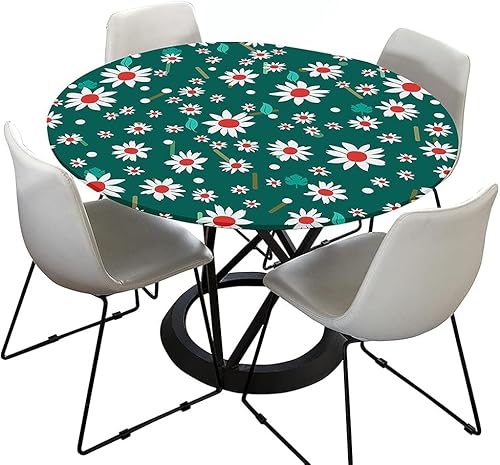 Tischdecke Abwaschbar Rund 70cm, Elastisch Lotuseffekt Tischdecke Outdoor 3D-Druck Weiß Tischdecken Daisy Table Cloth für Garten Restaurant, Ideal für 50cm-60cm von Chickwin-Shop