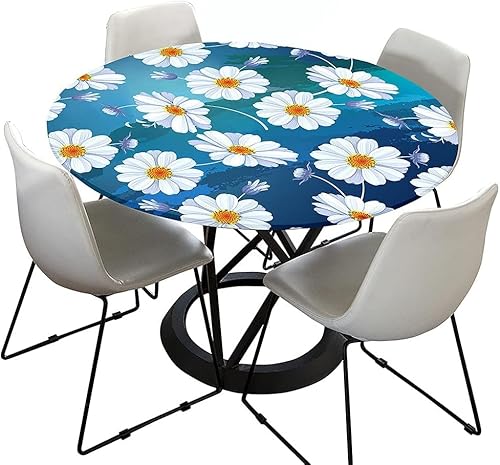 Chickwin-Shop Tischdecke Abwaschbar Rund 70cm, Elastisch Lotuseffekt Tischdecke Outdoor 3D-Druck Weiß Tischdecken Daisy Table Cloth für Garten Restaurant, Ideal für 50cm-60cm von Chickwin-Shop