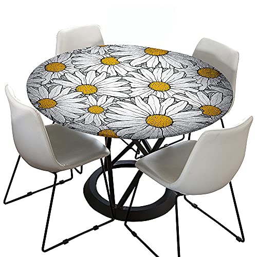 Chickwin Tischdecke Runde Wasserdicht Abwaschbar Gänseblümchen Drucken Tischschoner Elastische Kante, Tischtuch aus Polyester für Küche,Esszimmer,Garten,Balkon (Weiße Gänseblümchen,100cm) von Chickwin-Shop