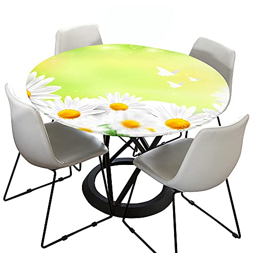 Chickwin Tischdecke Runde Wasserdicht Abwaschbar Gänseblümchen Drucken Tischschoner Elastische Kante, Tischtuch aus Polyester für Küche,Esszimmer,Garten,Balkon (hellgrün,180cm) von Chickwin-Shop