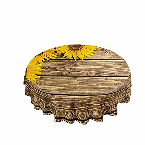 Chickwin Tischdecke Runde Wasserdicht Abwaschbar Holzmaserung Bedruckte Tischschoner Fleckschutz, Tischtuch aus Polyester für Küche,Esszimmer,Garten oder Camping (Gelbe Sonnenblume,120cm) von Chickwin-Shop