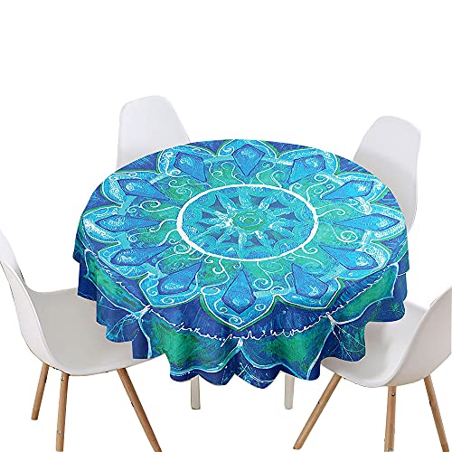 Chickw1 Tischdecke Runde Wasserdicht Abwaschbar Mandala-Muster Bedruckte Tischschoner Fleckschutz,Tischtuch aus Polyester für Küche,Esszimmer,Garten,Balkon oder Camping (Blaugrüne Blume,180cm) von Chickwin-Shop