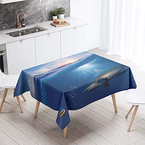 Chickw1 Tischdecke Abwaschbar, Wasserdicht Polyester Rechteckig Fleckschutz Mehrzweck Abwaschbar Pflegeleicht 3D Weißer Hai Meer Gartentischdecke Outdoor Garten Deko (Sonnenaufgang,140 * 180cm) von Chickwin