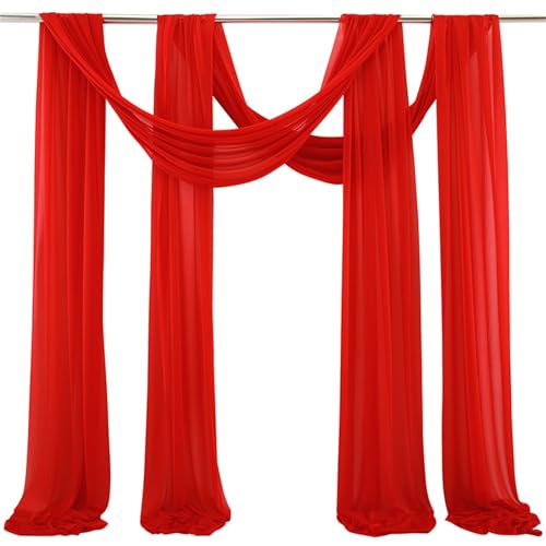 Chickwin 2 Stück Hochzeit Vorhang Hochzeitsbogen, Tüll Querbehang Stoff Transparent Voile Dekoration für Fotohintergrund Party Torbogen Zeremonie Hochzeitsdeko (Leuchtrot,75x300cm) von Chickwin