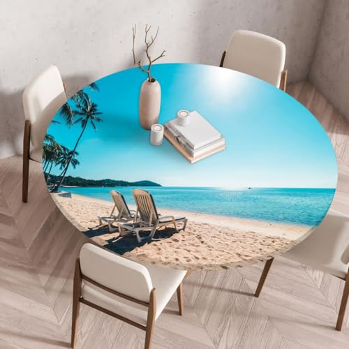 Chickwin Elastische Runde Tischdecke 3D Kokospalmen Strand Muster Wasserdicht Wischbare rutschfeste Garten Tischdecke mit Gummizug Tischabdeckung für Drinnen Draußen Esstisch (Farbe 3,60cm) von Chickwin