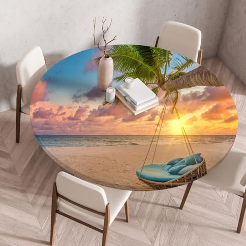 Chickwin Elastische Runde Tischdecke 3D Kokospalmen Strand Muster Wasserdicht Wischbare rutschfeste Garten Tischdecke mit Gummizug Tischabdeckung für Drinnen Draußen Esstisch (Farbe 7,100cm) von Chickwin