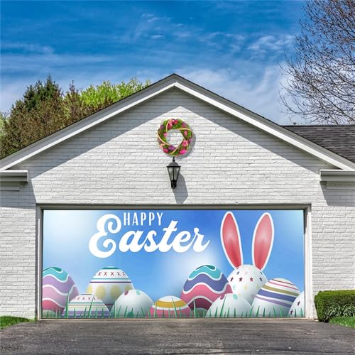 Chickwin Ostern Garagentor Banner Abdeckung, Frohe Easter Große Größe Dekorationen Blumen Türabdeckung Hintergrund Dekor Outdoor Frühling Party Supplies Fotorequisiten (Weißer Hase,180x400cm) von Chickwin