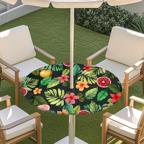 Chickwin Outdoor Runde Tischdecke Wasserdicht mit Sonnenschirm Loch und Reißverschluss, 3D Sommer Tropische Früchte Druck Elastischer Tischdecke für Terrasse Party BBQ (Grapefruit,78-89cm) von Chickwin
