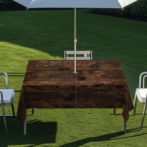 Chickwin Regenschirm Tischdecke Outdoor, Tischtuch mit Sonnenschirm Loch Reißverschluss, Holzmaserung Tischdecke Rechteckig Wasserdicht für Terrassen Garten Patio Haus (Dunkelbraun,213x152cm) von Chickwin