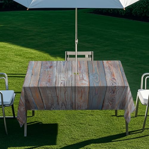 Chickwin Regenschirm Tischdecke Outdoor, Tischtuch mit Sonnenschirm Loch Reißverschluss, Holzmaserung Tischdecke Rechteckig Wasserdicht für Terrassen Garten Patio Haus (Graubraun,213x152cm) von Chickwin