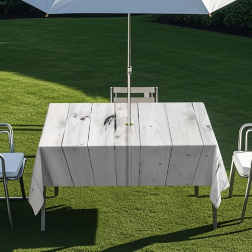 Chickwin Regenschirm Tischdecke Outdoor, Tischtuch mit Sonnenschirm Loch Reißverschluss, Holzmaserung Tischdecke Rechteckig Wasserdicht für Terrassen Garten Patio Haus (Hellgrau,259x152cm) von Chickwin