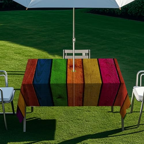 Chickwin Regenschirm Tischdecke Outdoor, Tischtuch mit Sonnenschirm Loch Reißverschluss, Holzmaserung Tischdecke Rechteckig Wasserdicht für Terrassen Garten Patio Haus (Mehrfarbig,305x152cm) von Chickwin