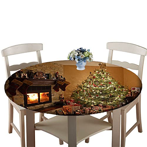 Chickwin Runde Tischdecke Abwaschbar, 3D Weihnachten Elastische Kante Tischdecken, 100% Polyester Wasserdicht Lotuseffekt Tischdecken für Küche Balkon Garten Party (150cm,Weihnachtliche Atmosphäre) von Chickwin