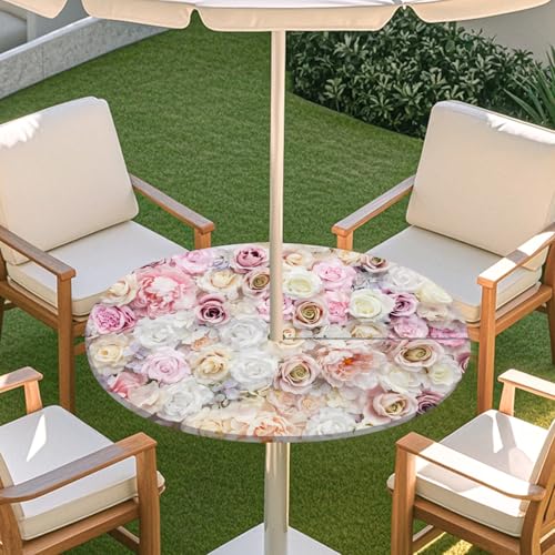 Chickwin Runde Tischdecke Outdoor Wasserdicht mit Sonnenschirm Loch und Reißverschluss, 3D Bunte Blumenwand Druck Elastischer Rand Tischdecke für Terrasse Party BBQ (Rose,78-89cm) von Chickwin