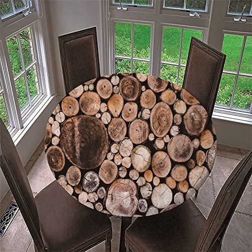 Chickwin Runde Tischdecke Wasserdicht Lotuseffekt Abwaschbar mit Elastische Kante, 3D Holzoptik Muster Runde Tischtuch aus Polyester für Küche, Restaurant, Garten (Holz,120cm) von Chickwin