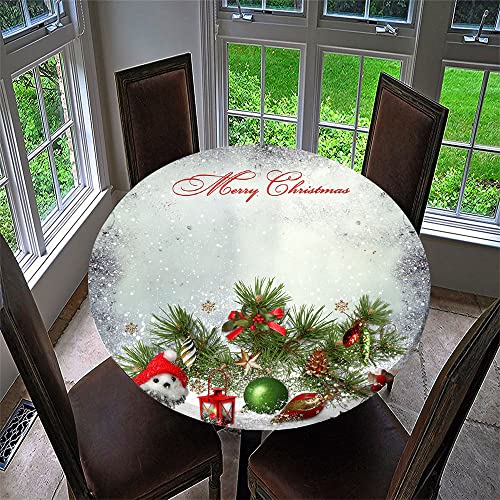 Chickwin Runde Weihnachten Tischdecke Wasserdicht Weihnachts-Anhänger Muster Tischtuch mit Elastische Kante aus Polyester Xmas Dekoration für Küche, Esszimmer, Garten (120cm,weißer Winter) von Chickwin