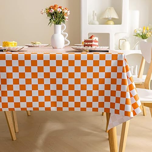 Chickwin Schachbrett Tischdecke Abwaschbar Wachstuch, Abwischbar PVC Kunststoff Rechteckig Garten Tischdecke Wasserdicht Fleckschutz Pflegeleicht Dekoration Tischdecke (140 * 200cm,Orange) von Chickwin