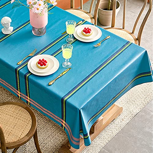Chickwin Tischdecke Abwaschbar Wachstuch, Abwischbar Minimalistisch Quadrat PVC Kunststoff Rechteckig Garten Tischdecke Wasserdicht Fleckschutz Dekoration Tischdecke (140x200cm,Blaue Streifen) von Chickwin