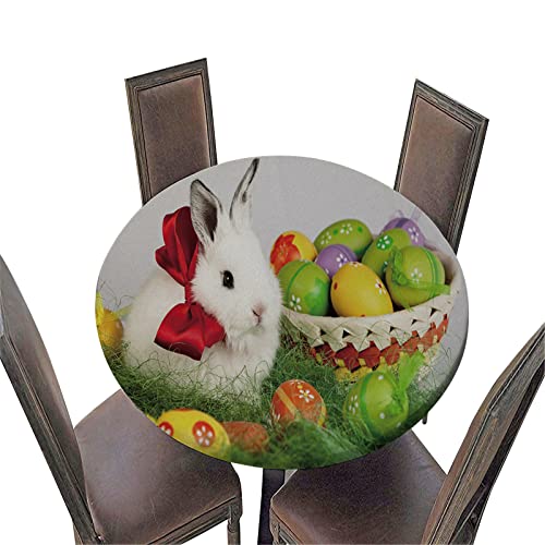 Chickwin Tischdecke Easter 3D Ostereier Drucken Tischdecken Rund Elastisch Abwaschbar Wasserdicht Tischtuch Schutztischdecke für Küche Outdoor Garten (Durchmesser 90cm,Rote Schleifen) von Chickwin