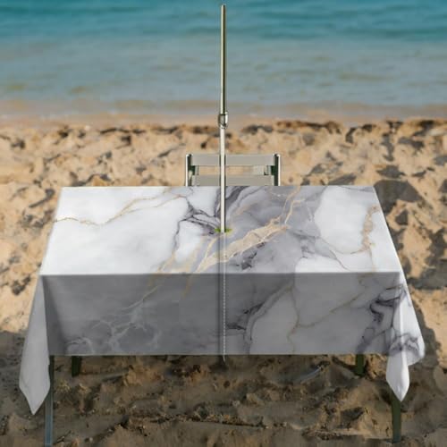 Chickwin Tischdecke Outdoor Regenschirm, Marmormuster Tischtuch mit Sonnenschirm Loch Reißverschluss, Tischdecke Rechteckig Wasserdicht für Terrassen Garten Patio Haus (Grau,213x152cm) von Chickwin