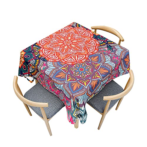 Chickwin Tischdecke Quadratisch Lotuseffekt Wasserdicht Prächtig Mandalas Druck Polyester Tischdecken Abwaschbar Pflegeleicht Patio Garten Tischdekoration (120x120cm,Rot) von Chickwin