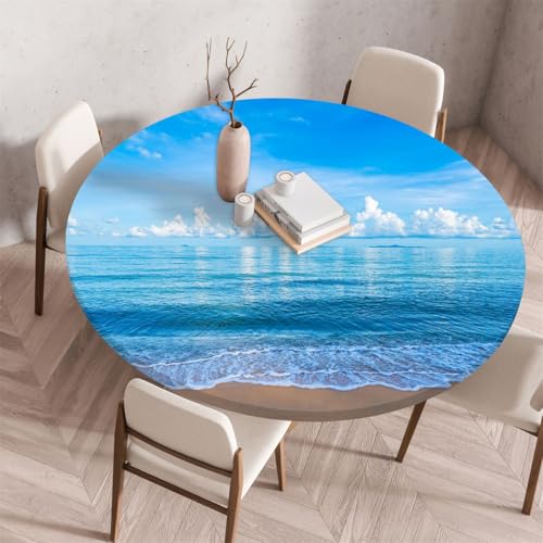 Chickwin Tischdecke Rund Wasserdicht mit Elastisches Band, 3D Blauem Ozean-Landschaftsdruck Tischdecke Abwaschbar Polyester Tischabdeckung für Drinnen Draußen Garten Picknick (Stil F,60cm) von Chickwin