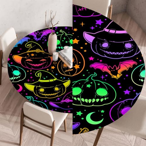 Chickwin Tischdecke Runde Wasserdicht Abwaschbar 3D-Halloween-Druck Tischschoner Elastische Kante, Tischtuch aus Polyester für Küche, Esszimmer, Garten, Balkon (Kürbis,60cm) von Chickwin