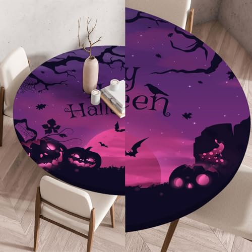 Chickwin Tischdecke Runde Wasserdicht Abwaschbar 3D-Halloween-Druck Tischschoner Elastische Kante, Tischtuch aus Polyester für Küche, Esszimmer, Garten, Balkon (Roter Mond,60cm) von Chickwin