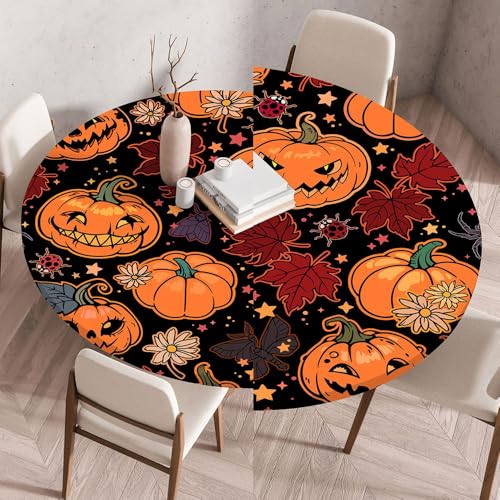 Chickwin Tischdecke Runde Wasserdicht Abwaschbar 3D-Halloween-Serie Tischschoner Elastische Kante, Tischtuch aus Polyester für Küche, Esszimmer, Garten, Balkon (Ahornblatt,80cm) von Chickwin