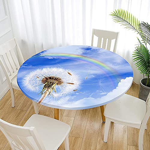 Chickwin Tischdecke Runde Wasserdicht Abwaschbar 3D-Löwenzahn Tischschoner Elastische Kante, Tischtuch aus Polyester für Küche, Esszimmer, Garten (Tag des Regenbogens,120cm (für 100-110cm Tisch)) von Chickwin