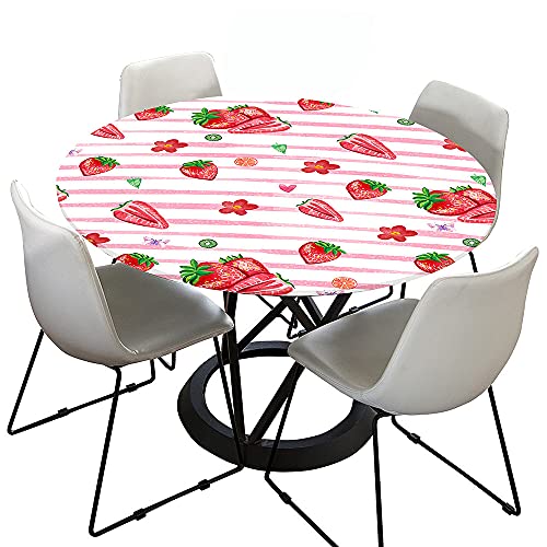 Chickwin Tischdecke Runde Wasserdicht Abwaschbar Erdbeere Tischschoner Elastische Kante, Tischtuch aus Polyester für Küche,Esszimmer,Garten,Balkon (Frucht Erdbeere,100cm (für 80-90cm Tisch)) von Chickwin