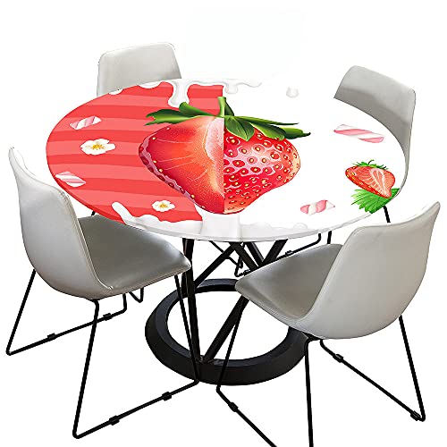 Chickwin Tischdecke Runde Wasserdicht Abwaschbar Erdbeere Tischschoner Elastische Kante, Tischtuch aus Polyester für Küche,Esszimmer,Garten,Balkon (Milch Erdbeere,120cm (für 100-110cm Tisch)) von Chickwin