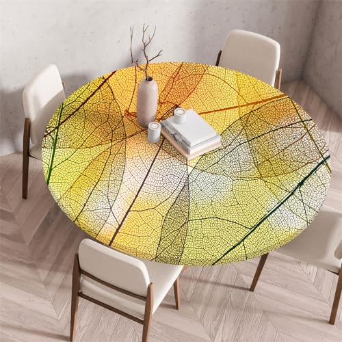 Chickwin Tischdecke Runde Wasserdicht Abwaschbar Transparenter 3D-Blattdruck Tischschoner Elastische Kante, Tischtuch aus Polyester für Küche, Esszimmer, Garten, Balkon (Gelb,100cm) von Chickwin