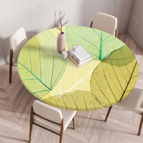 Chickwin Tischdecke Runde Wasserdicht Abwaschbar Transparenter 3D-Blattdruck Tischschoner Elastische Kante, Tischtuch aus Polyester für Küche, Esszimmer, Garten, Balkon (Grün,70cm) von Chickwin