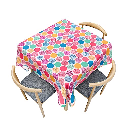 Chickwin Tischdecke mit Tupfen, Farbige Kreise Druck Polyester Antifouling Quadratisch Tischdecken, Mehrfarbig, Pflegeleicht, Abwaschbar für Patio Garten Tischdekoration (120x120cm,Bunt) von Chickwin