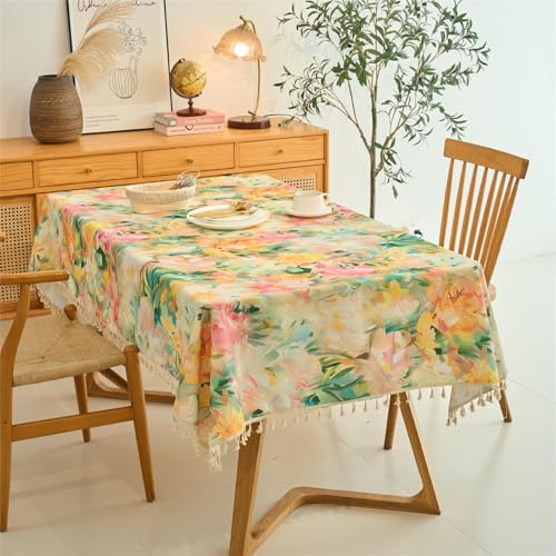 Chickwin Wachstuch Tischdecke für Restaurant Küche, Baumwolle Leinen Rechteckig Wasserdicht Ölbeständig Wachstischdecke Pflegeleicht Garten Party Tischdecken (Aquarellblumen,110x160cm) von Chickwin