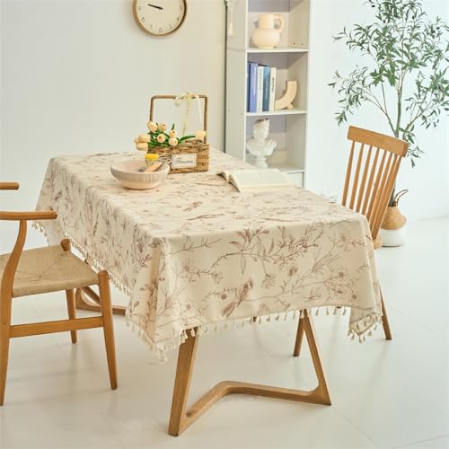 Chickwin Wachstuch Tischdecke für Restaurant Küche, Baumwolle Leinen Rechteckig Wasserdicht Ölbeständig Wachstischdecke Pflegeleicht Garten Party Tischdecken (Vögel, Blumen,140x240cm) von Chickwin