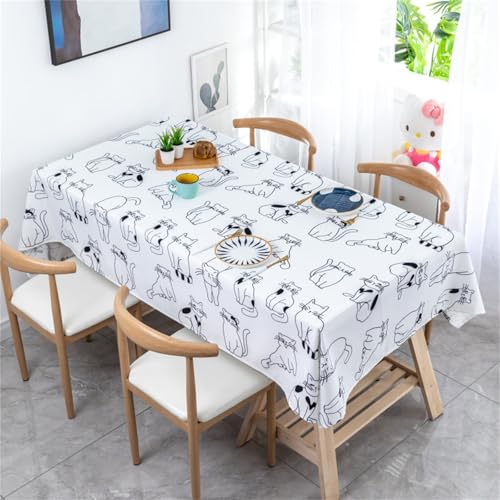 Chickwin Wachstuch Tischdecke für Restaurant Küche, Baumwolle Leinen Rechteckig Wasserdicht Ölbeständig Wachstischdecke Pflegeleicht Garten Party Tischdecken (Weiße Katze,130x180cm) von Chickwin