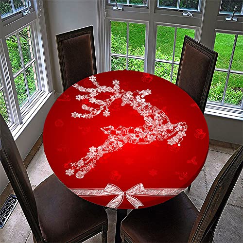 Chickwin Wasserdicht Weihnachten Tischdecke Runde, Verträumte Rote Weihnachten Tischtuch mit Elastische Kante aus Polyester Xmas Dekoration für Küche, Esszimmer, Garten (120cm,Rentier) von Chickwin