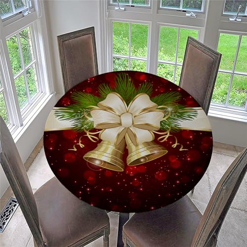 Chickwin Weihnachten Runde Tischdecke, wasserdichte Abwischbare Tischtuch mit Gummiband, mit Gold Kleine Glöckchen Druck, Stehtisch Hussen für Drinnen und Draußen (Stil B,Für Tisch 70-80 cm) von Chickwin