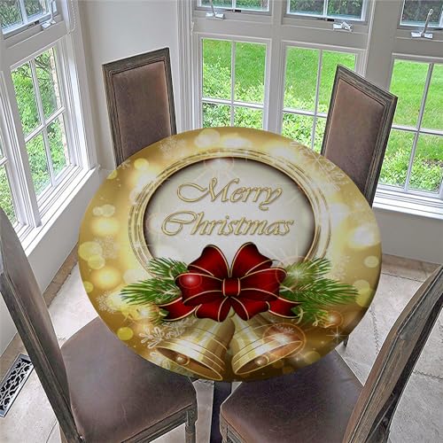 Chickwin Weihnachten Runde Tischdecke, wasserdichte Abwischbare Tischtuch mit Gummiband, mit Gold Kleine Glöckchen Druck, Stehtisch Hussen für Drinnen und Draußen (Stil H,Für Tisch 70-80 cm) von Chickwin