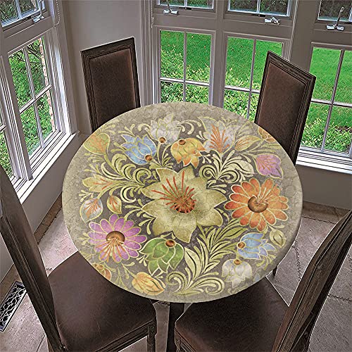 Chickw1 Runde Tischdecke Wasserdicht Abwaschbar mit Elastische Kante, 3D Elegant Blumig Bedruckte Tischschoner, Tischtuch aus Polyester für Küche, Restaurant, Garten (Luxus Golden,90cm) von Chickwing