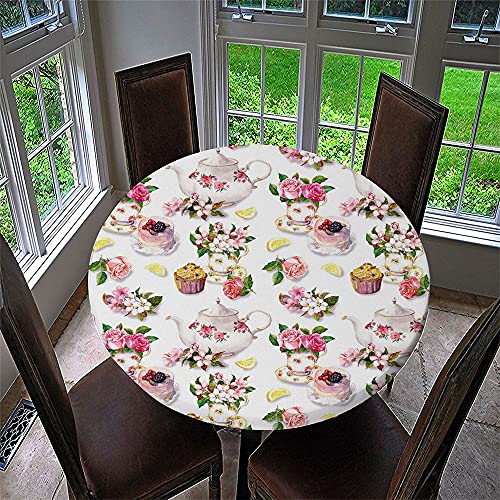 Chickw1 Runde Tischdecke Wasserdicht Abwaschbar mit Elastische Kante, 3D Elegant Blumig Bedruckte Tischschoner, Tischtuch aus Polyester für Küche, Restaurant, Garten (Nachmittagstee,100cm) von Chickwing