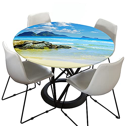 Chickw1 Tischdecke Runde Elastische Kante Wasserdicht Abwaschbar 3D-Seestückdruck Tischschoner, Tischtuch aus Polyester für Küche, Esszimmer, Garten, Balkon (Nachmittagsstrand,180cm) von Chickwing